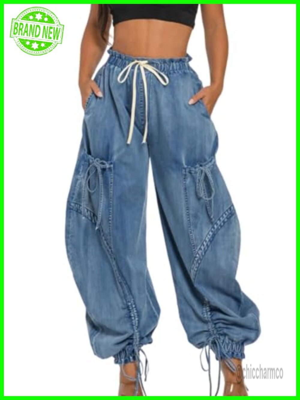 Women's High Waisted Baggy Cargo Jogger Jeans Wide Leg Drawstring Pockets